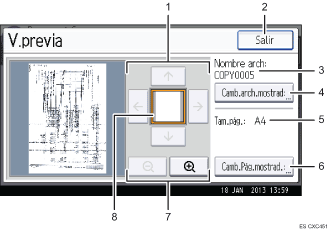 Ilustración con llamadas numeradas de la pantalla del panel de operaciones