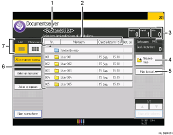 Genummerde afbeelding van het scherm van het bedieningspaneel