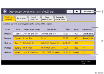 Genummerde afbeelding van het scherm van het bedieningspaneel