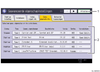 Genummerde afbeelding van het scherm van het bedieningspaneel