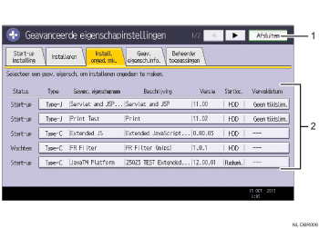 Genummerde afbeelding van het scherm van het bedieningspaneel