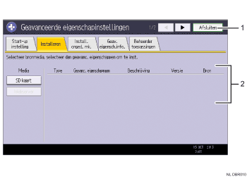 Genummerde afbeelding van het scherm van het bedieningspaneel