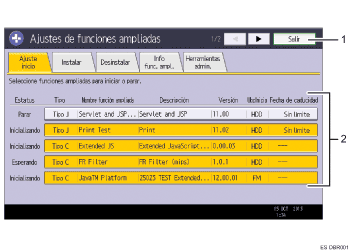 Ilustración con llamadas numeradas de la pantalla del panel de operaciones