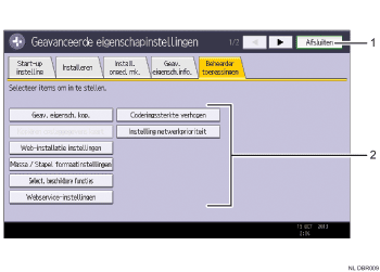 Genummerde afbeelding van het scherm van het bedieningspaneel