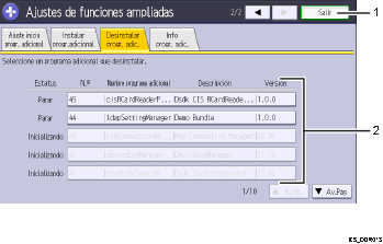 Ilustración con llamadas numeradas de la pantalla del panel de operaciones