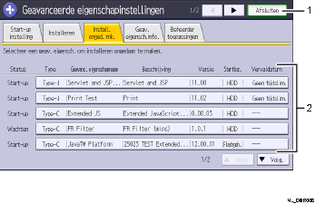 Genummerde afbeelding van het scherm van het bedieningspaneel