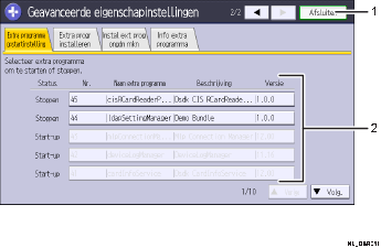 Genummerde afbeelding van het scherm van het bedieningspaneel