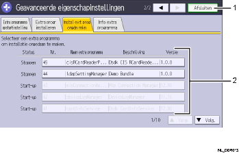 Genummerde afbeelding van het scherm van het bedieningspaneel