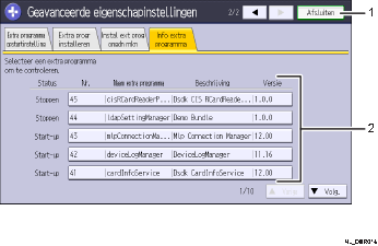 Genummerde afbeelding van het scherm van het bedieningspaneel