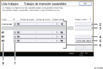 Ilustración con llamadas numeradas de la pantalla del panel de operaciones