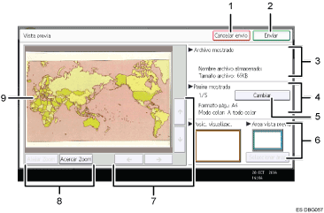 Ilustración con llamadas numeradas de la pantalla del panel de operaciones