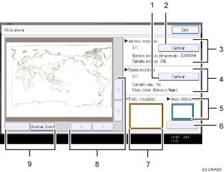 Ilustración con llamadas numeradas de la pantalla del panel de operaciones