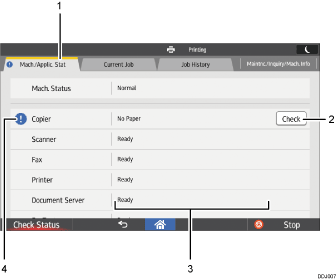 Operation panel screen numbered callout illustration