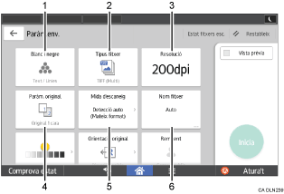 Il·lustració explicativa i numerada de la pantalla del panell d'operacions.
