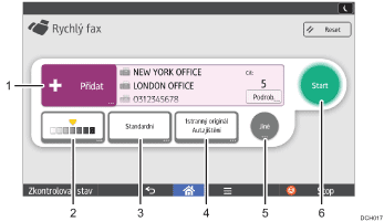 Číslovaná ilustrace ovládacího panelu zařízení