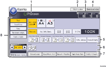 Číslovaná ilustrace ovládacího panelu zařízení