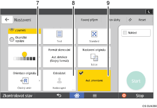 Číslovaná ilustrace ovládacího panelu zařízení