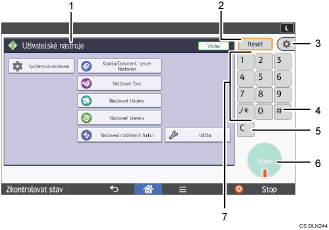 Číslovaná ilustrace ovládacího panelu zařízení