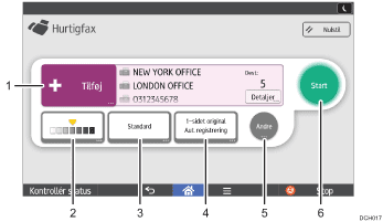 Nummereret illustration af skærmbilledet på betjeningspanelet