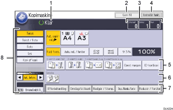 Nummereret illustration af skærmbilledet på betjeningspanelet
