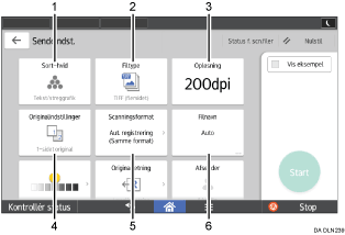 Nummereret illustration af skærmbilledet på betjeningspanelet