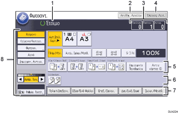 Απεικόνιση της οθόνης του πίνακα χειρισμού με αριθμημένες επεξηγήσεις