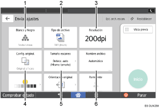 Ilustración con llamadas numeradas de la pantalla del panel de operaciones