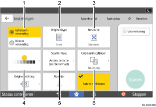 Genummerde afbeelding van het scherm van het bedieningspaneel