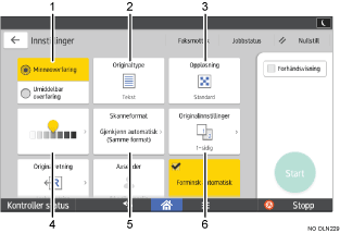 Illustrasjon av betjeningspanelet med nummererte bildetekster