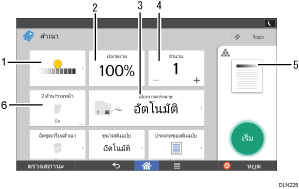 ภาพประกอบแสดงชื่อเรียกส่วนต่างๆ ของหน้าจอแผงการทำงานระบุตามหมายเลข