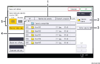 Ilustración con llamadas numeradas de la pantalla del panel de operaciones