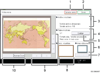 Ilustración con llamadas numeradas de la pantalla del panel de operaciones