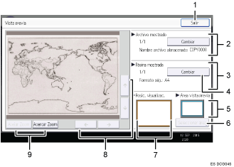 Ilustración con llamadas numeradas de la pantalla del panel de operaciones