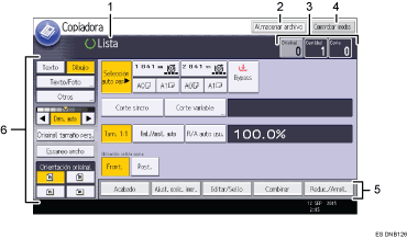 Ilustración con llamadas numeradas de la pantalla del panel de operaciones