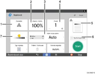 Číslovaná ilustrace ovládacího panelu zařízení