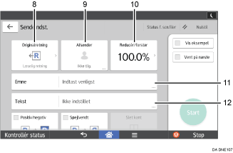 Nummereret illustration af skærmbilledet på betjeningspanelet