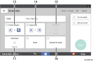 Nummereret illustration af skærmbilledet på betjeningspanelet