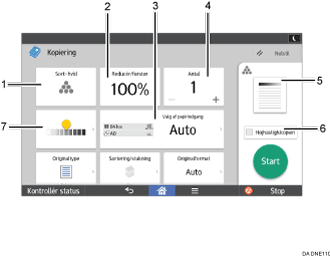 Nummereret illustration af skærmbilledet på betjeningspanelet