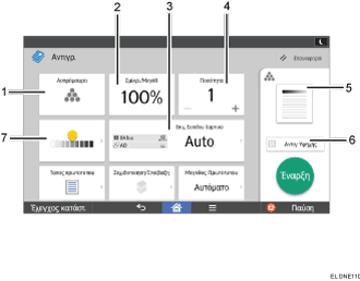 Απεικόνιση της οθόνης του πίνακα χειρισμού με αριθμημένες επεξηγήσεις