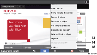 Ilustración con llamadas numeradas de la pantalla del panel de operaciones