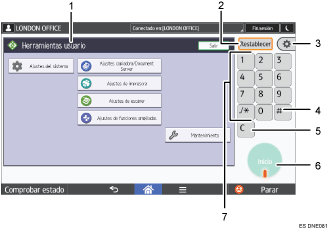 Ilustración con llamadas numeradas de la pantalla del panel de operaciones