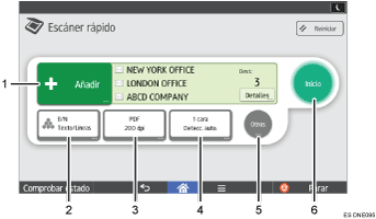 Ilustración con llamadas numeradas de la pantalla del panel de operaciones