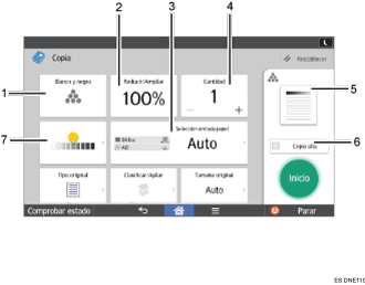 Ilustración con llamadas numeradas de la pantalla del panel de operaciones