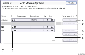 Genummerde afbeelding van het scherm van het bedieningspaneel