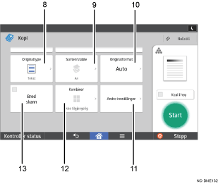 Illustrasjon av betjeningspanelet med nummererte bildetekster