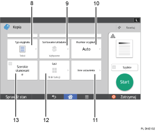 Ilustracja ekranu panela oznaczona numerowanymi odsyłaczami
