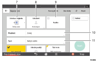 Číslovaná ilustrace ovládacího panelu zařízení