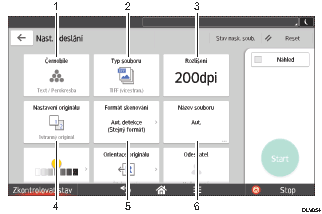 Číslovaná ilustrace ovládacího panelu zařízení