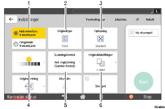Nummereret illustration af skærmbilledet på betjeningspanelet