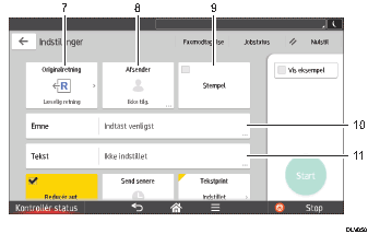 Nummereret illustration af skærmbilledet på betjeningspanelet